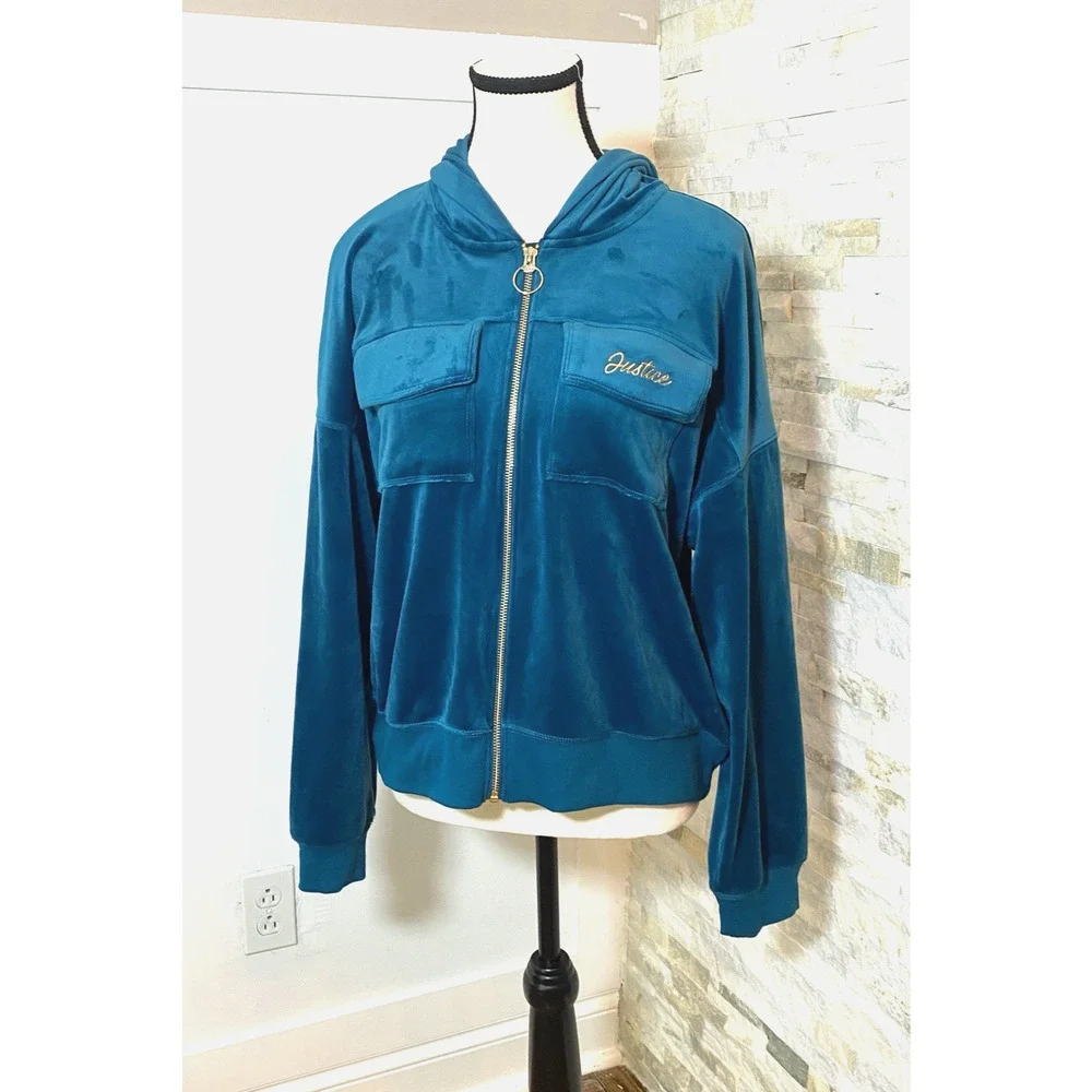 Justice Teal Velour Zip Up Hoodie Jacket XL Plus Hooded Soft Stretch Y2K